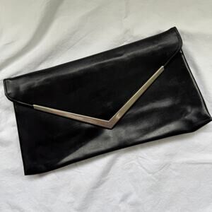 Vintage Leather Black Silver Envelope Clutch Good Cond 1980s Date Night Clutch